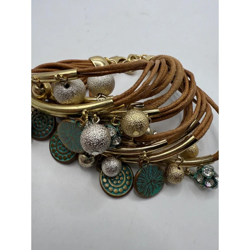 Boho Multi-Strand Brown Cord Charm Bracelet – Gold‎ Tone Bars, Textured Beads